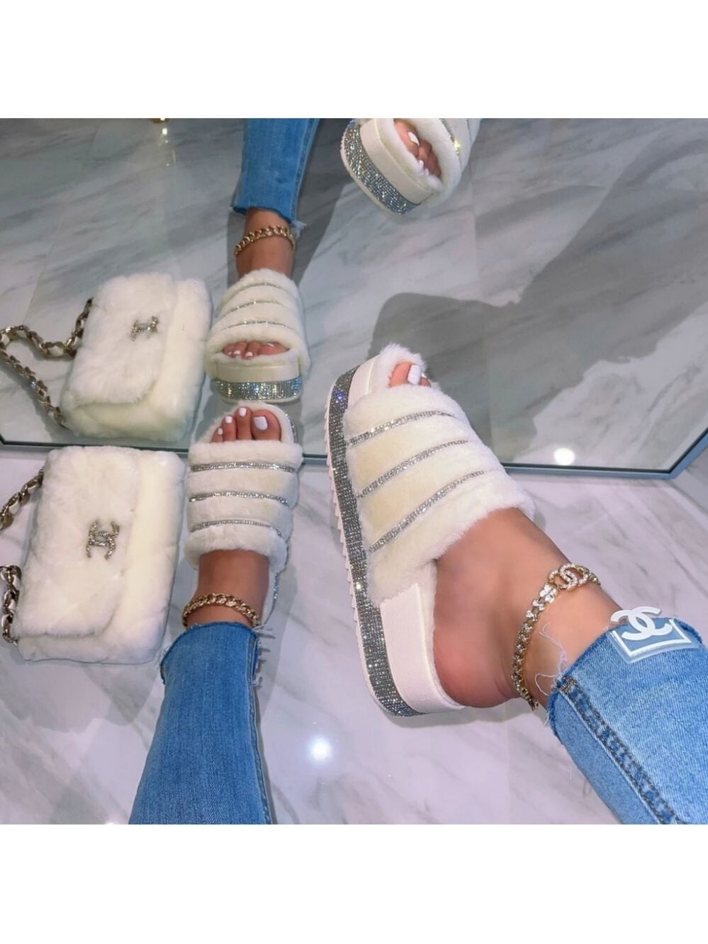 💕Just In💕Rhinestone Fur Sandal - Beige